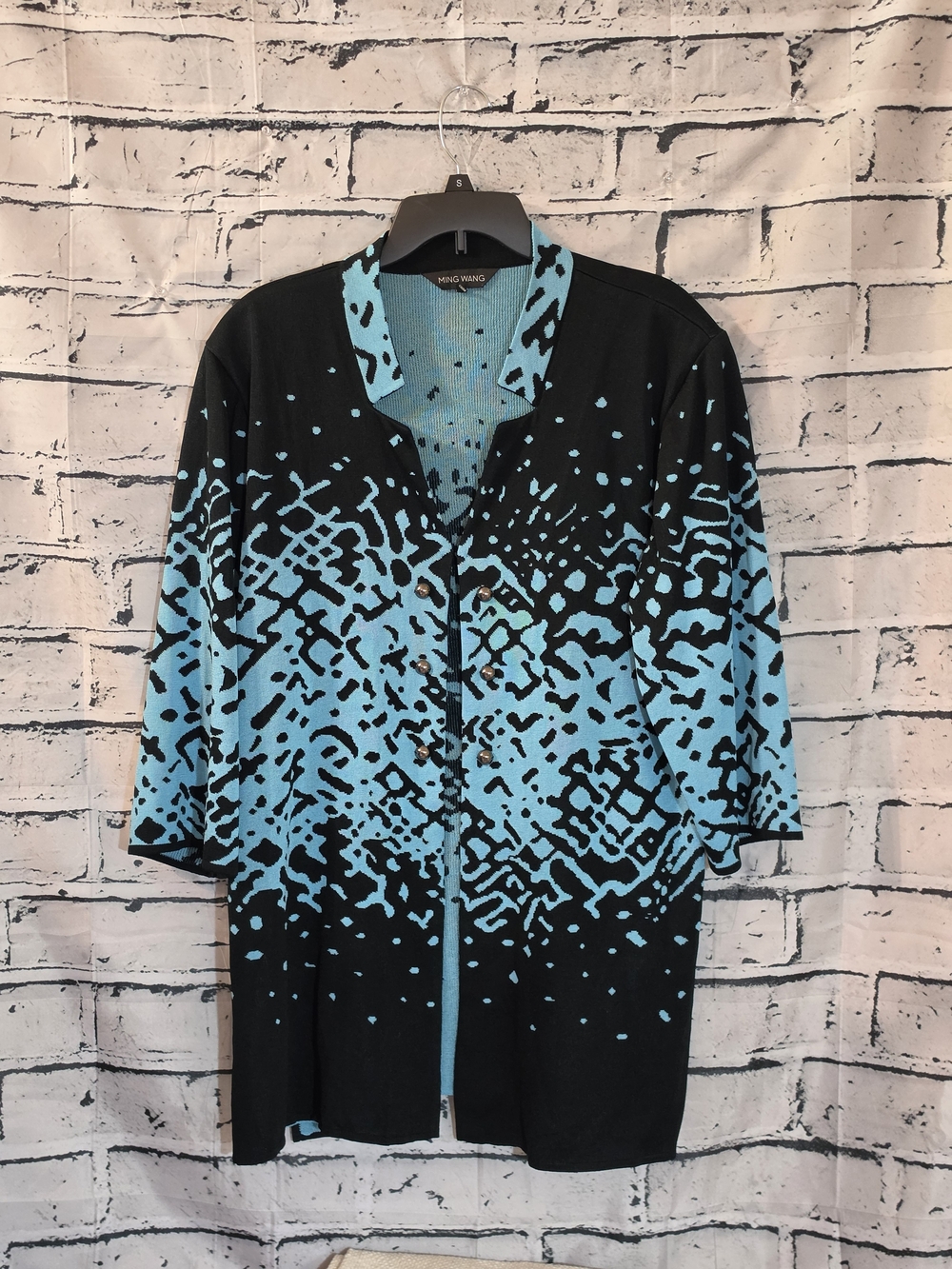 Ming Wang Black & Aqua Abstract Pattern Cardigan
